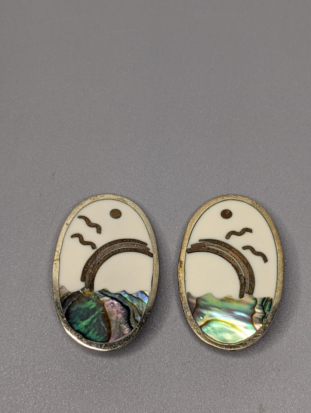 Alpaca Mexico Earrings Abalone Inlay Clip On Vintage Southwestern Style